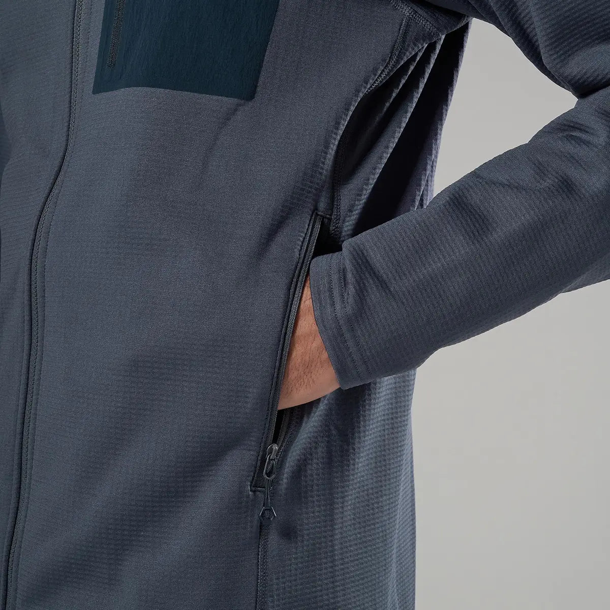 Close-up of Montane men's Protium CP hoodie fleece jacket with zip pockets