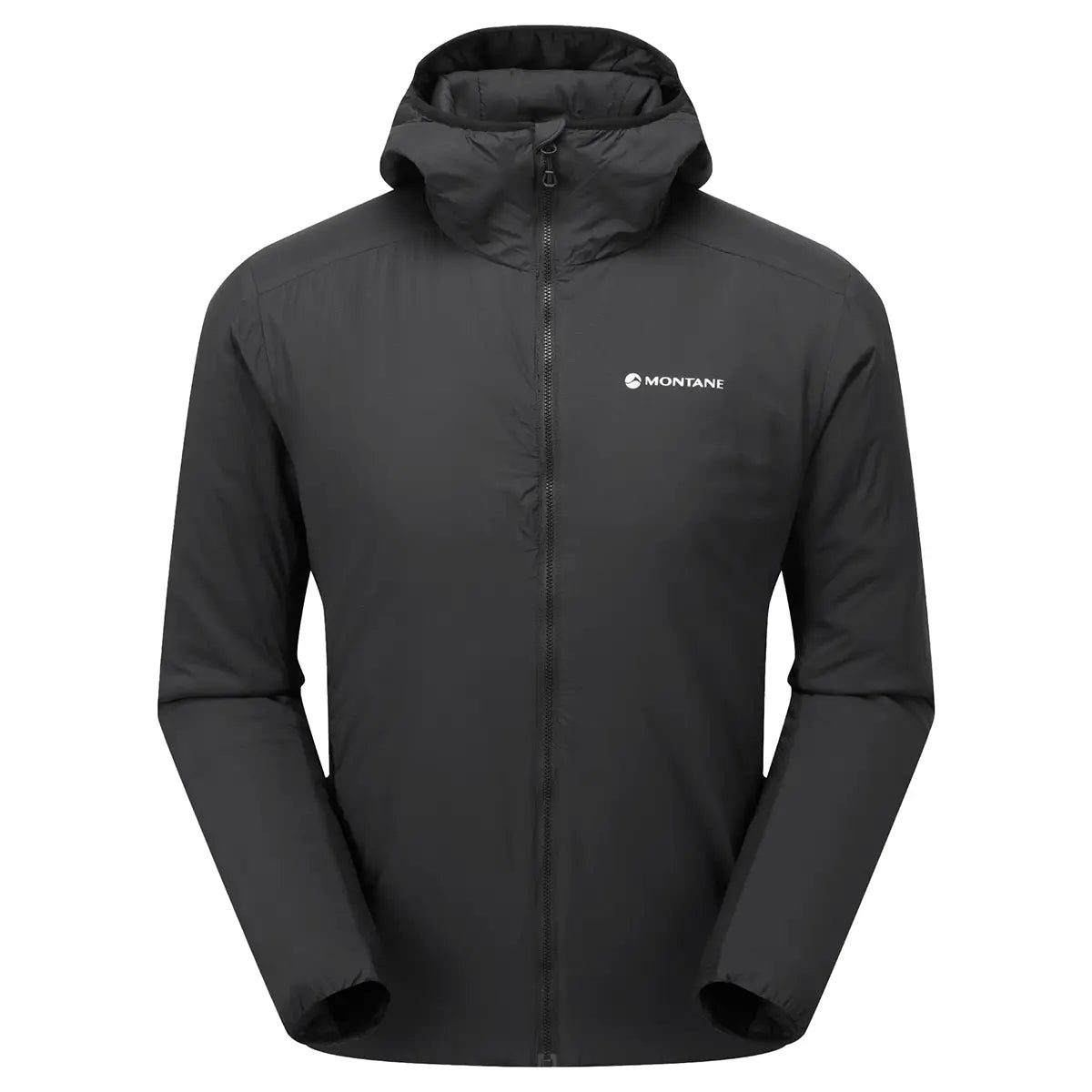 Montane Mens Sirocco Hooded Insulated Jacket in black, featuring PrimaLoft Gold Active insulation for versatile outdoor use.