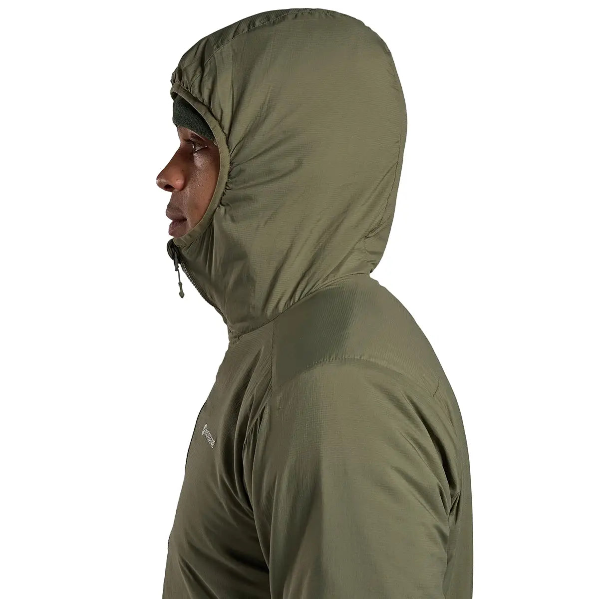 Side view of hooded Montane Mens Sirocco Insulated Jacket in green, designed for warmth and wind protection.