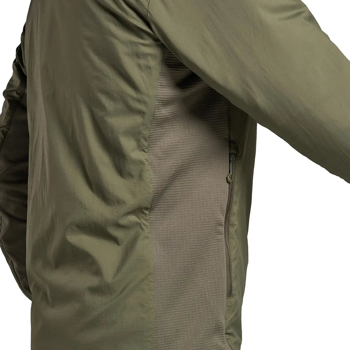 Close-up of side panel and zip pocket on Montane Mens Sirocco Hooded Insulated Jacket, emphasizing breathable fabric.