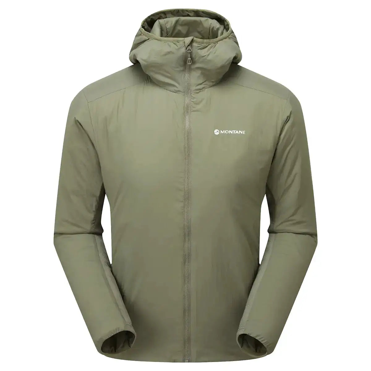 Montane Mens Sirocco Hooded Insulated Jacket in khaki green with full zip and hood, ideal for outdoor sports and urban wear. Caper from John Bull Clothing