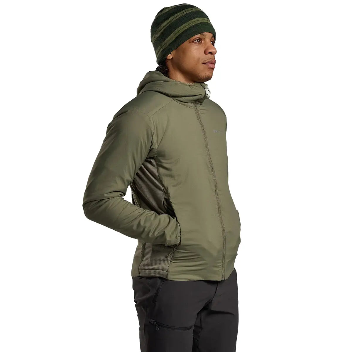 Side profile of Montane Mens Sirocco Hooded Insulated Jacket in green, showing ergonomic fit and zippered pockets.
