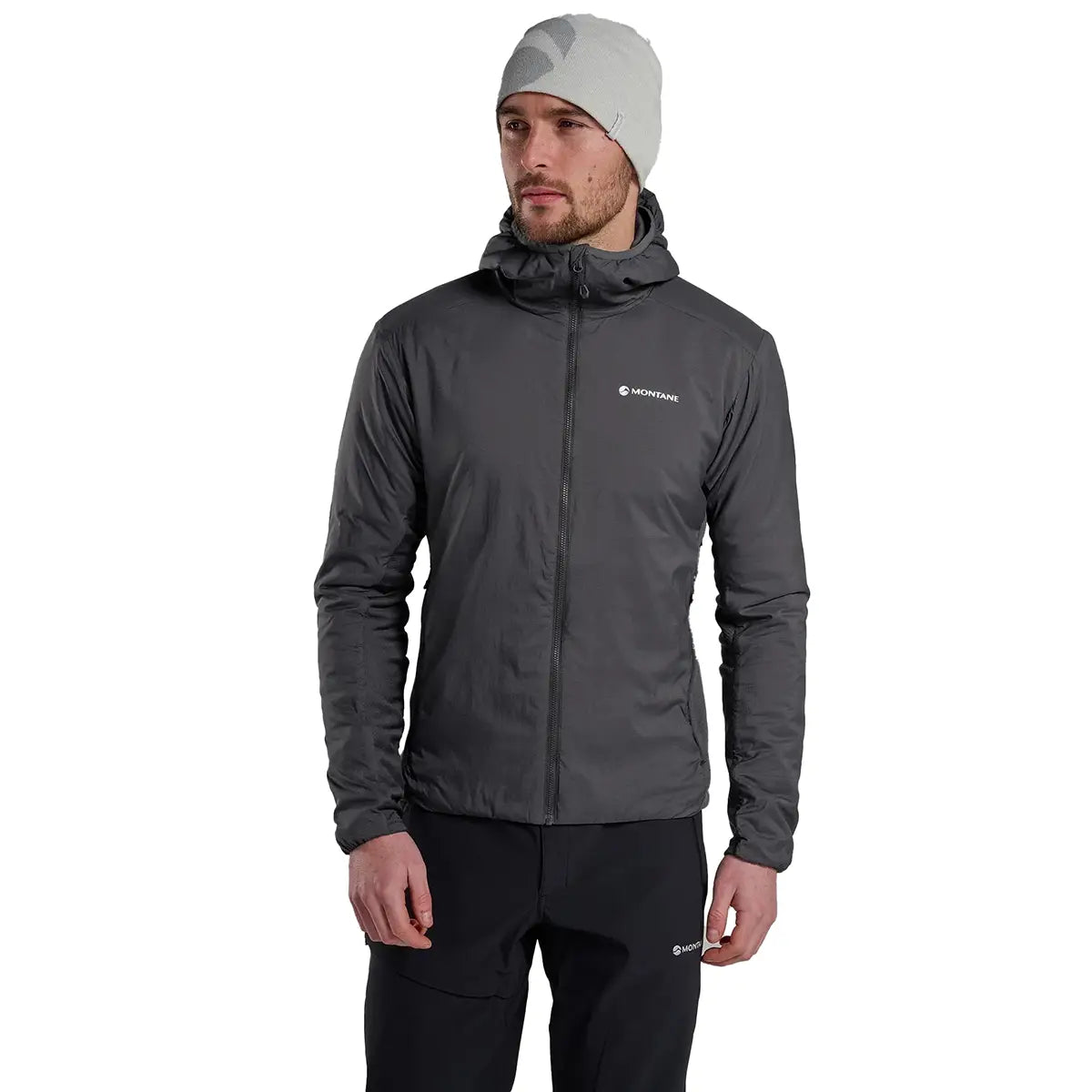 Model in grey Montane Mens Sirocco Hooded Insulated Jacket, demonstrating fit and performance-ready design.