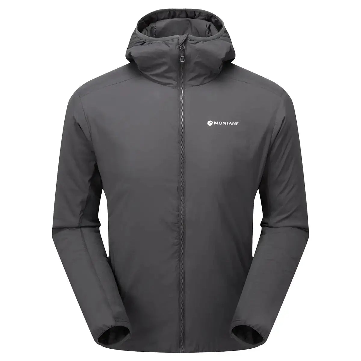 Montane Mens Sirocco Hooded Insulated Jacket in dark grey, designed for warmth and mobility in cold weather adventures. Midnight Grey from John Bull Clothing