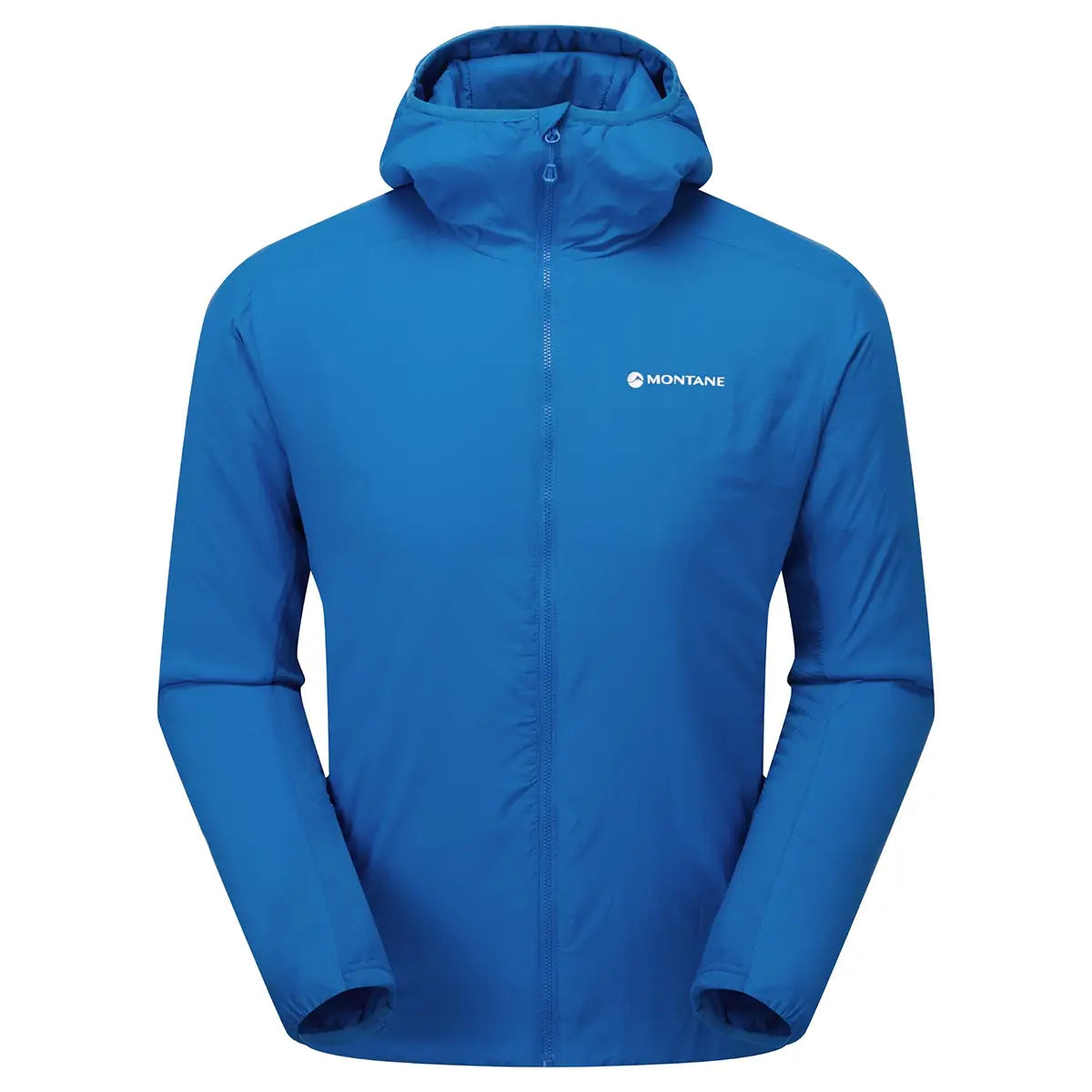 Montane Mens Sirocco Hooded Insulated Jacket in blue with full zip and PrimaLoft Gold Active insulation, ideal for outdoor sports and urban wear.