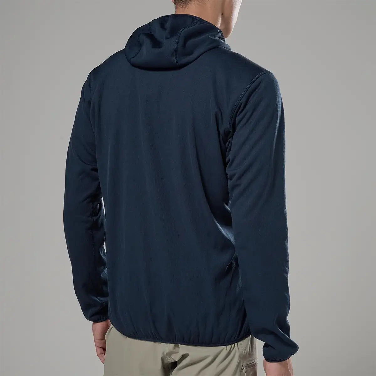 Close-up of Montane men's navy softshell jacket with hood, showing zipper and adjustable drawstring for a secure fit - SKU: JB1620-EB-S