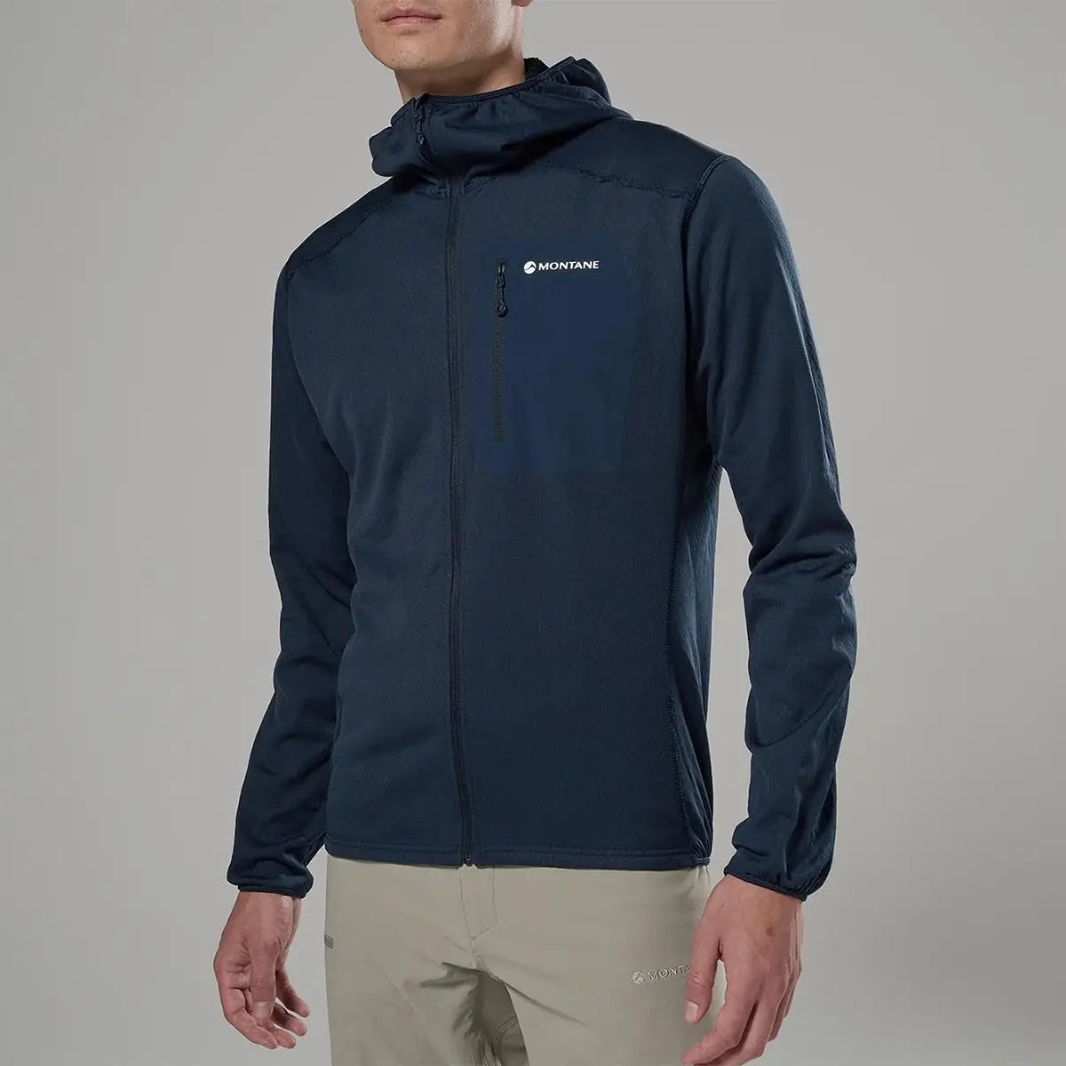 Montane men's navy softshell jacket with hood, front zipper, and logo on chest, tailored for active outdoor wear - SKU: JB1620-EB-S