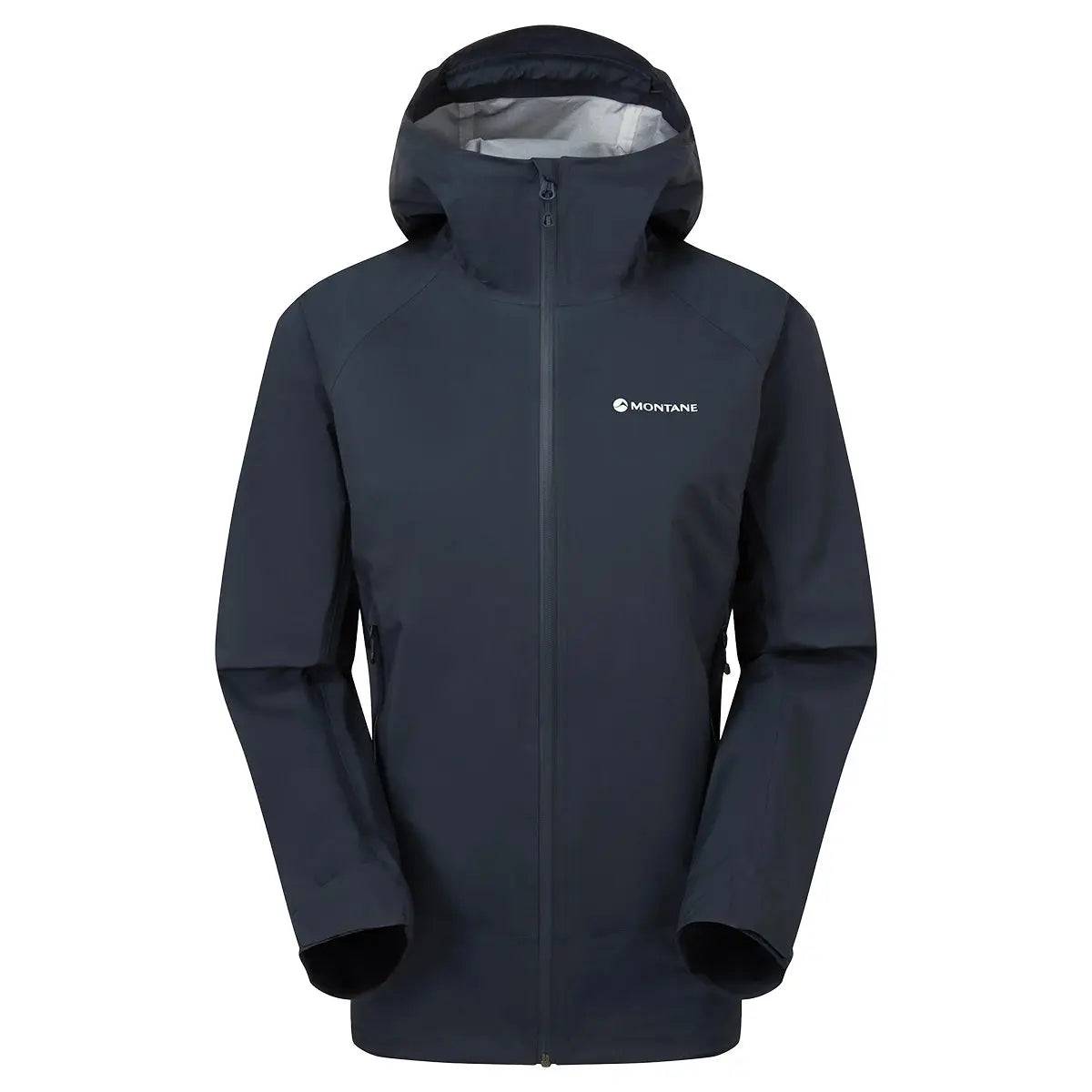 Montane Women's Cetus Lite Waterproof Jacket in black, designed with a hood and durable waterproof material for all-weather protection.