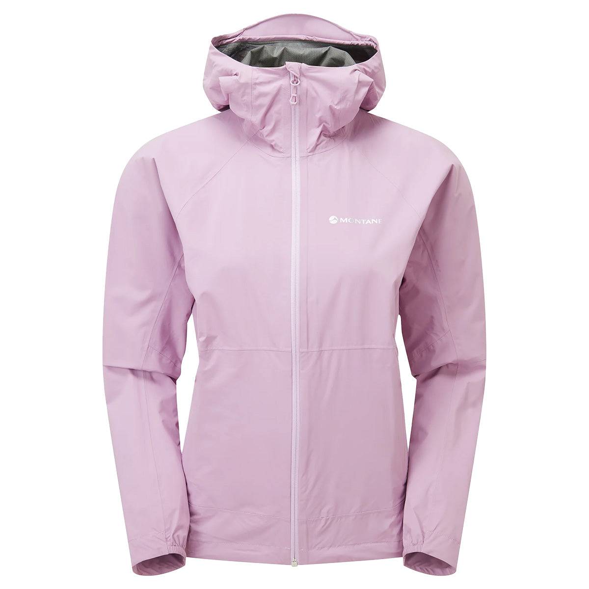 Montane Womans Minimus Lite Waterproof Jacket in soft pink, designed for active women seeking lightweight waterproof outerwear for outdoor adventures.