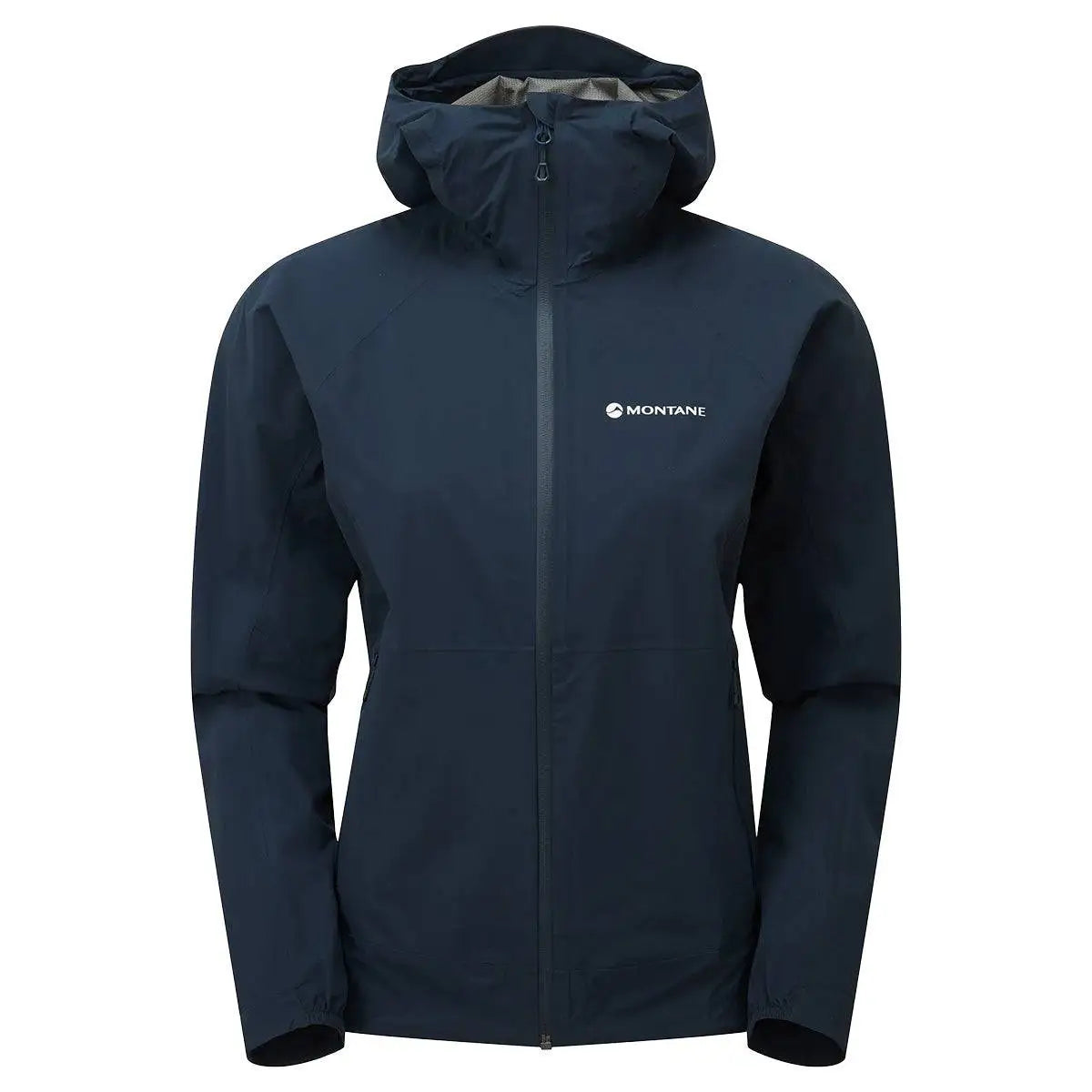 Montane Womans Minimus Lite Waterproof Jacket in navy blue with hood, ideal for trail running and outdoor endurance. Lightweight rain coat for women. Eclipse Blue from John Bull Clothing