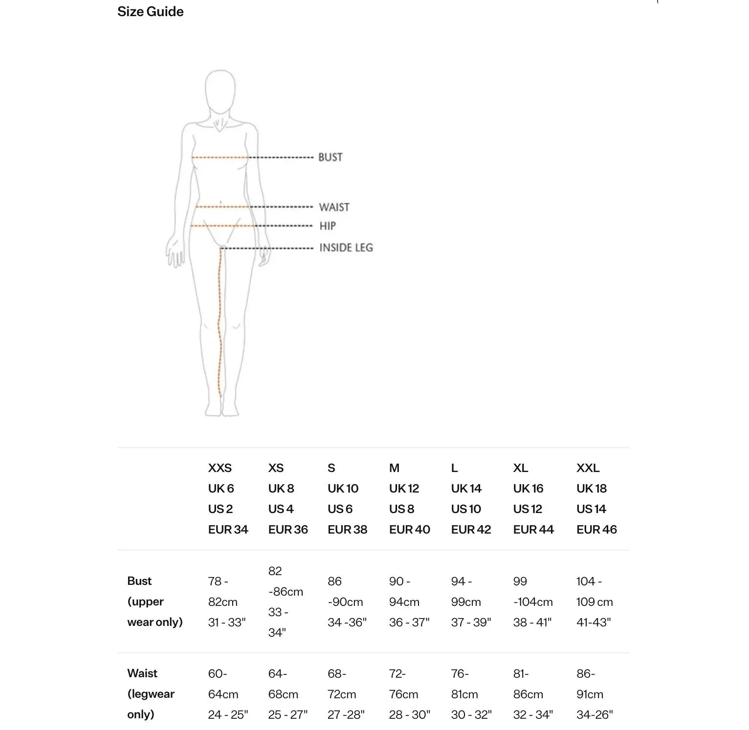 Size guide for Montane Women's Cetus Lite Waterproof Jacket, providing measurements for bust, waist, and leg sizes in various UK and EU sizes.