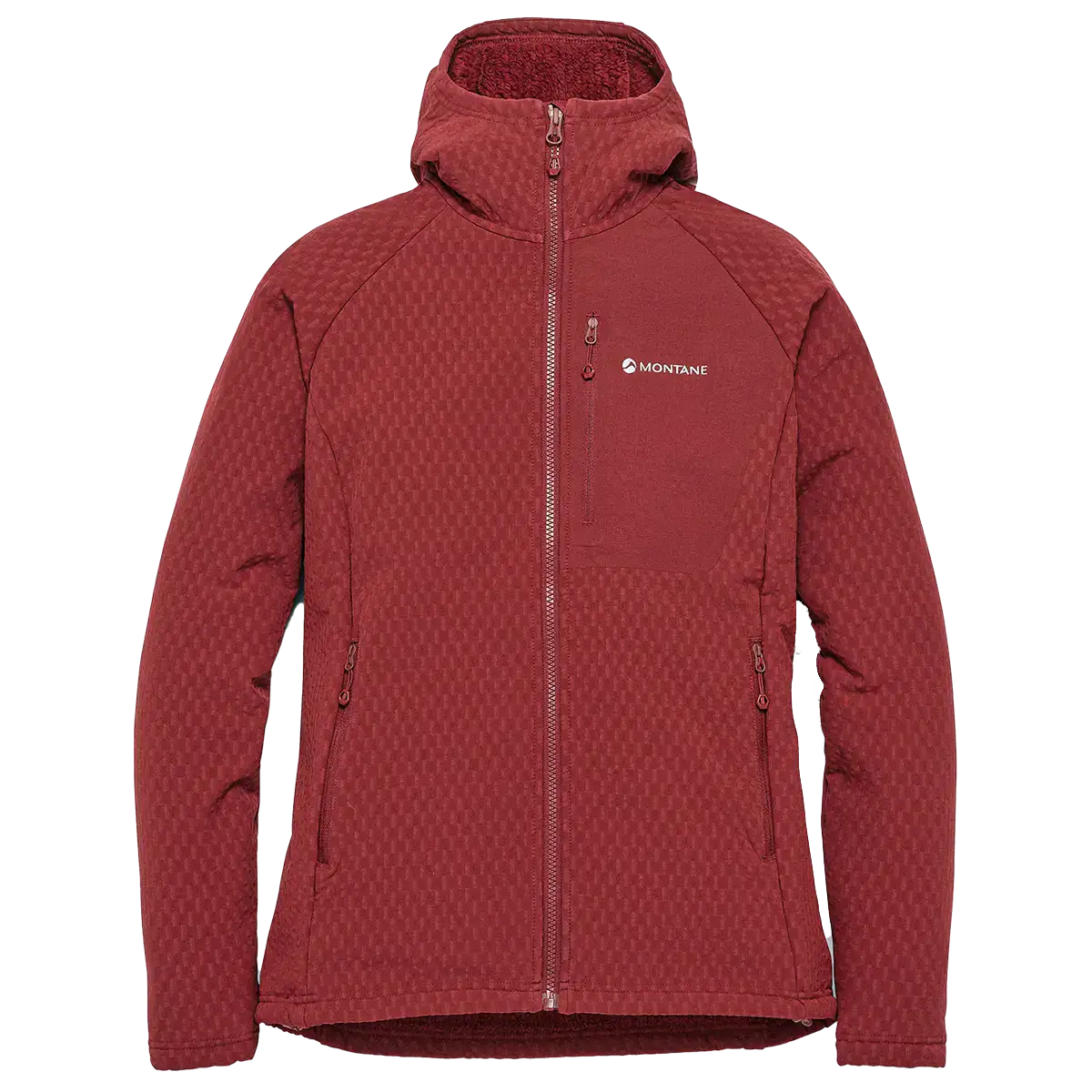 Red Montane Womens Dura XT Thermal Hoodie with textured outer fabric, full-length front zipper, and hood, designed for outdoor warmth and activity