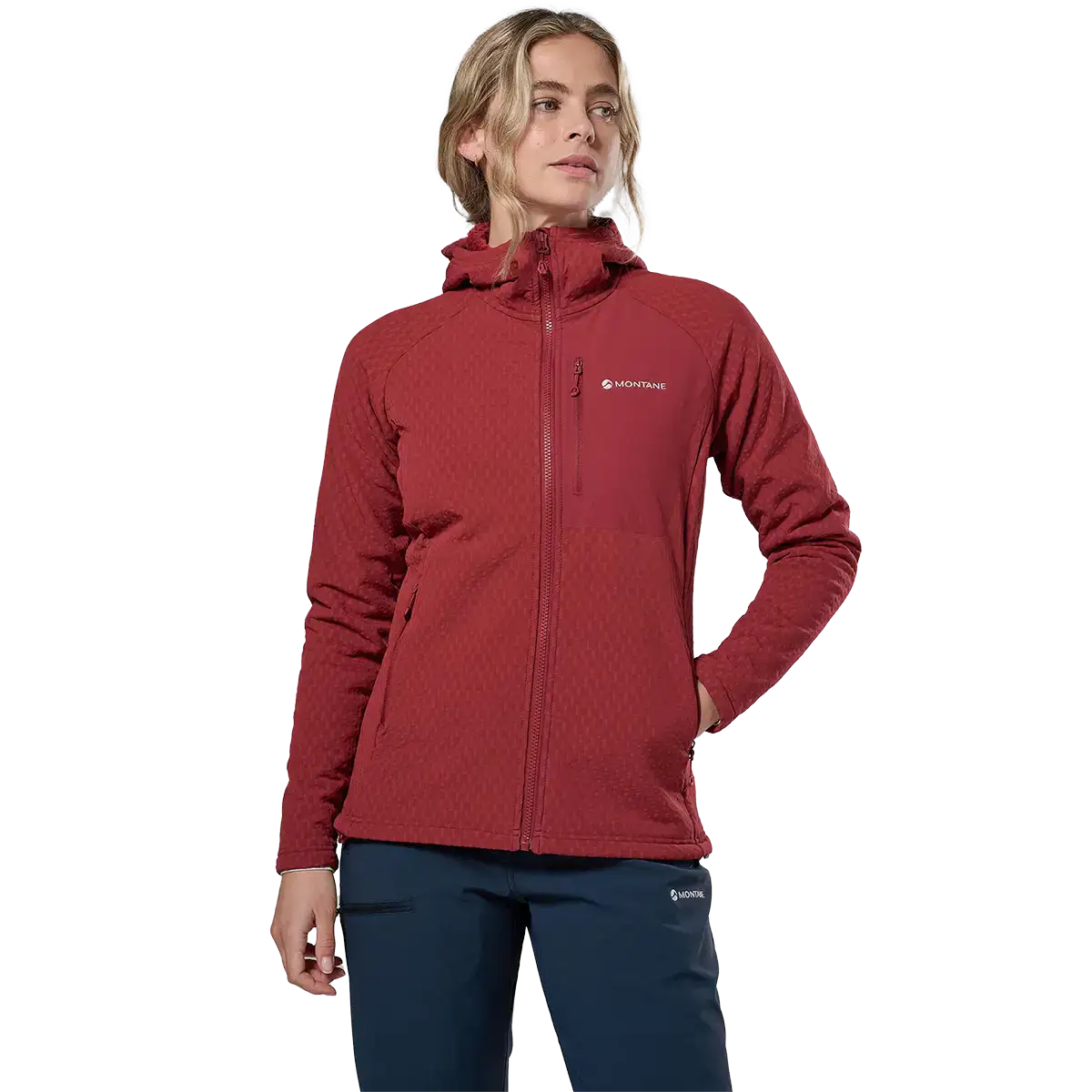 Red Montane Womens Dura XT Thermal Hoodie with full zip, adjustable hood, and side pockets, designed for outdoor warmth and activity
