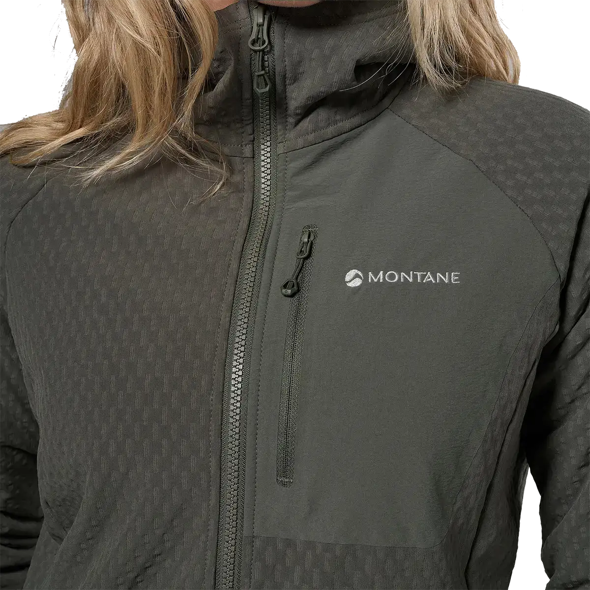 Close-up of Montane logo on front chest of women's Dura XT Thermal Hoodie, featuring textured fabric and zippered pocket
