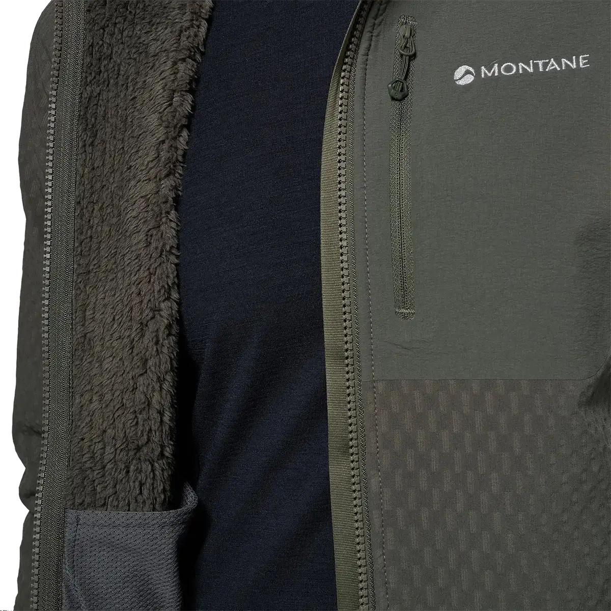 Close-up of the Montane Womens Dura XT Thermal Hoodie showing dark green outer fabric, zippered chest pocket, and logo detail