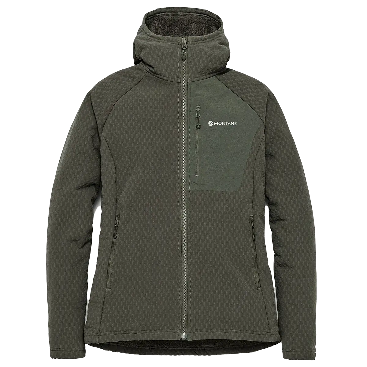 Dark gray Montane outdoor jacket with hood, front zipper, and multiple zippered pockets, suitable for cold weather adventures