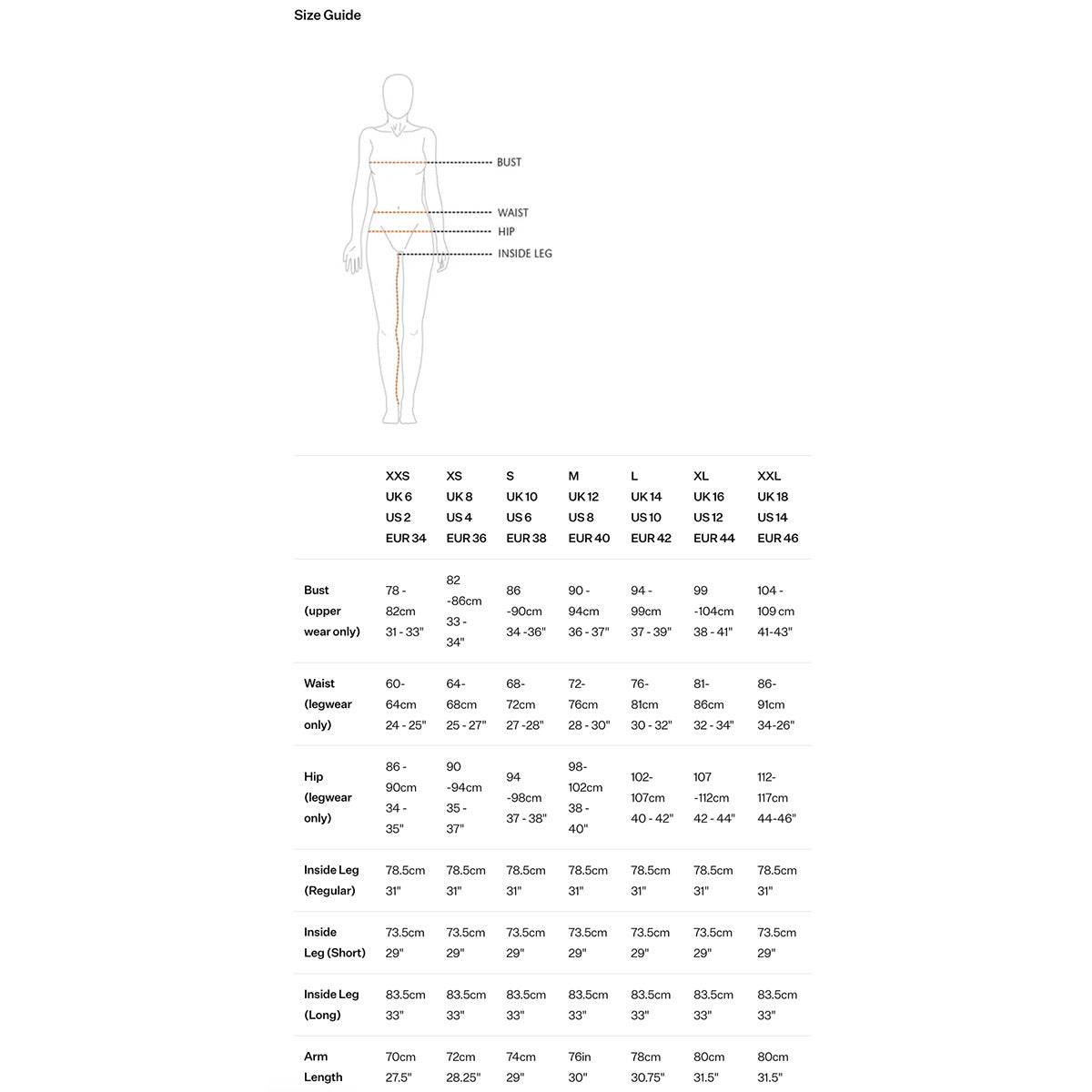 Size guide chart for Montane Womans Minimus Lite Waterproof Jacket, detailing bust, waist, hip, and leg measurements for accurate fit selection.