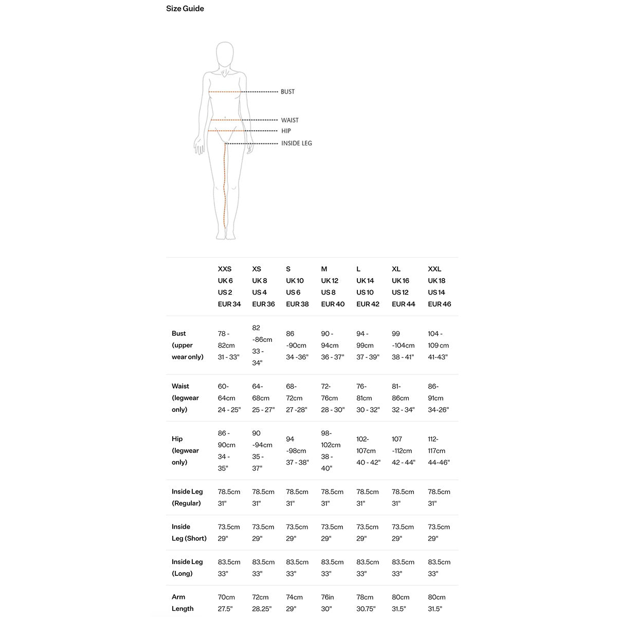 Size guide chart for Montane Womens Spirit Long Goretex Waterproof Jacket, including bust, waist, hip, and leg measurements for accurate fit.