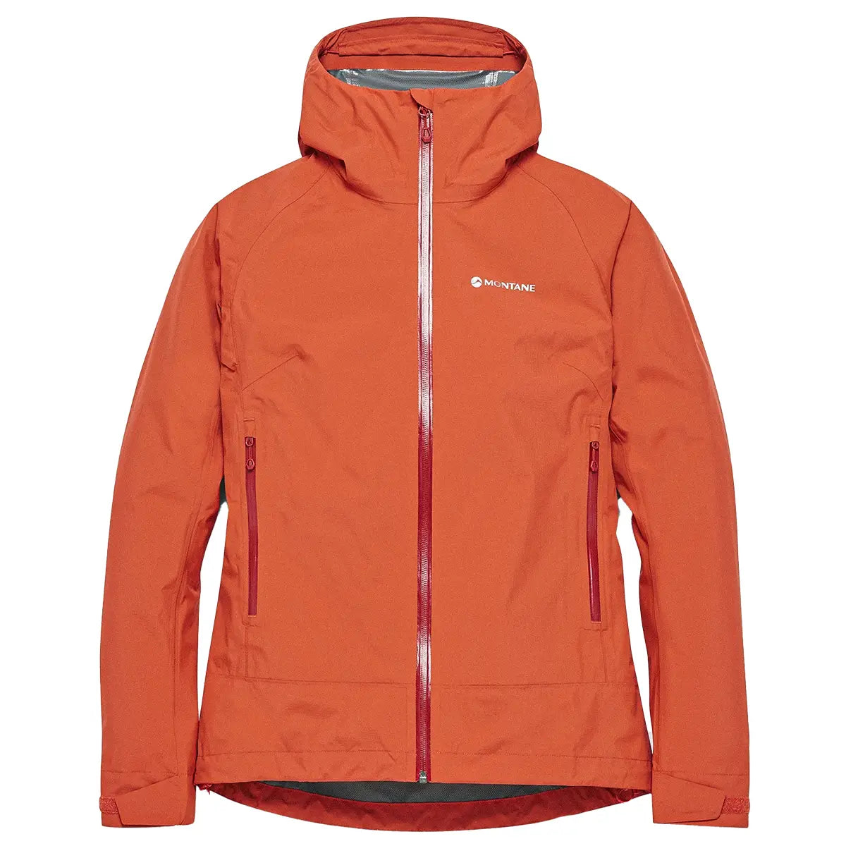 Montane women's orange waterproof jacket with hood, outdoor apparel