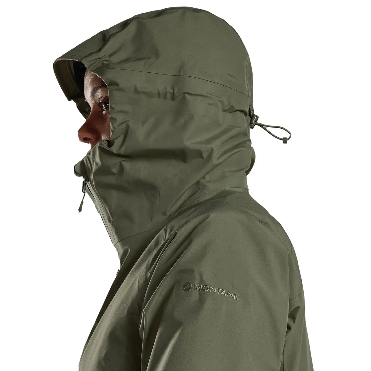 Side profile of hood and collar on Montane Womens Spirit Long Goretex Waterproof Jacket in Caper green, featuring adjustable drawcord for fit.
