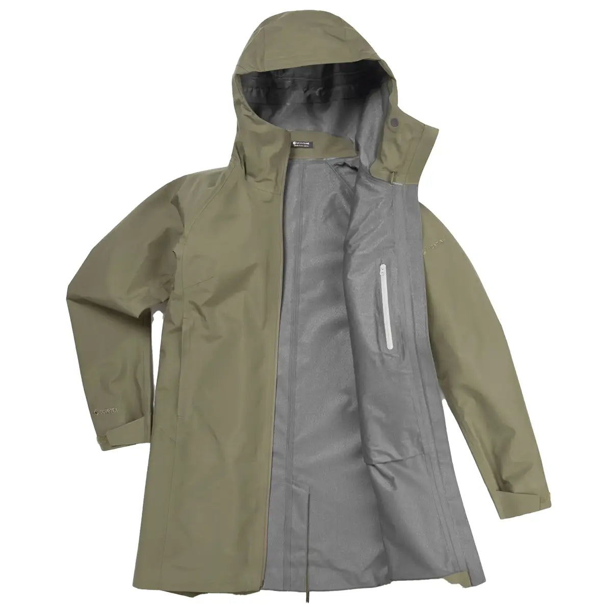 Montane Womens Spirit Long Goretex Waterproof Jacket in Caper green, displayed open to reveal inner lining and zippered chest pocket.