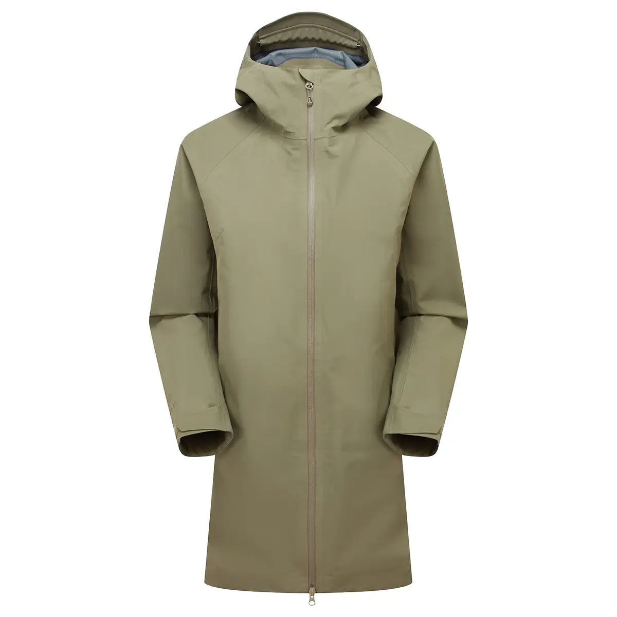Montane Womens Spirit Long Goretex Waterproof Jacket in Caper green, front view with hood and full-length zip, ideal for rain protection.
