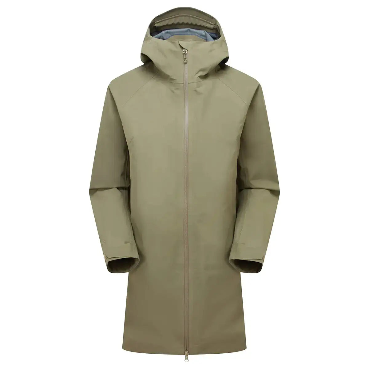 Montane Womens Spirit Long Goretex Waterproof Jacket in Caper green, front view with hood and full-length zip, ideal for rain protection. from John Bull Clothing