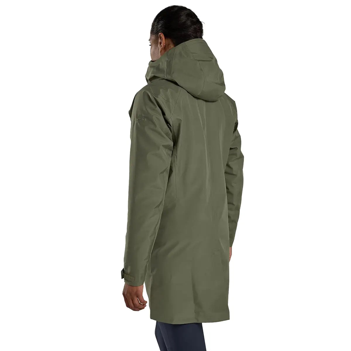 Back view of Montane Womens Spirit Long Goretex Waterproof Jacket in Caper green, highlighting hood and long cut for full coverage.