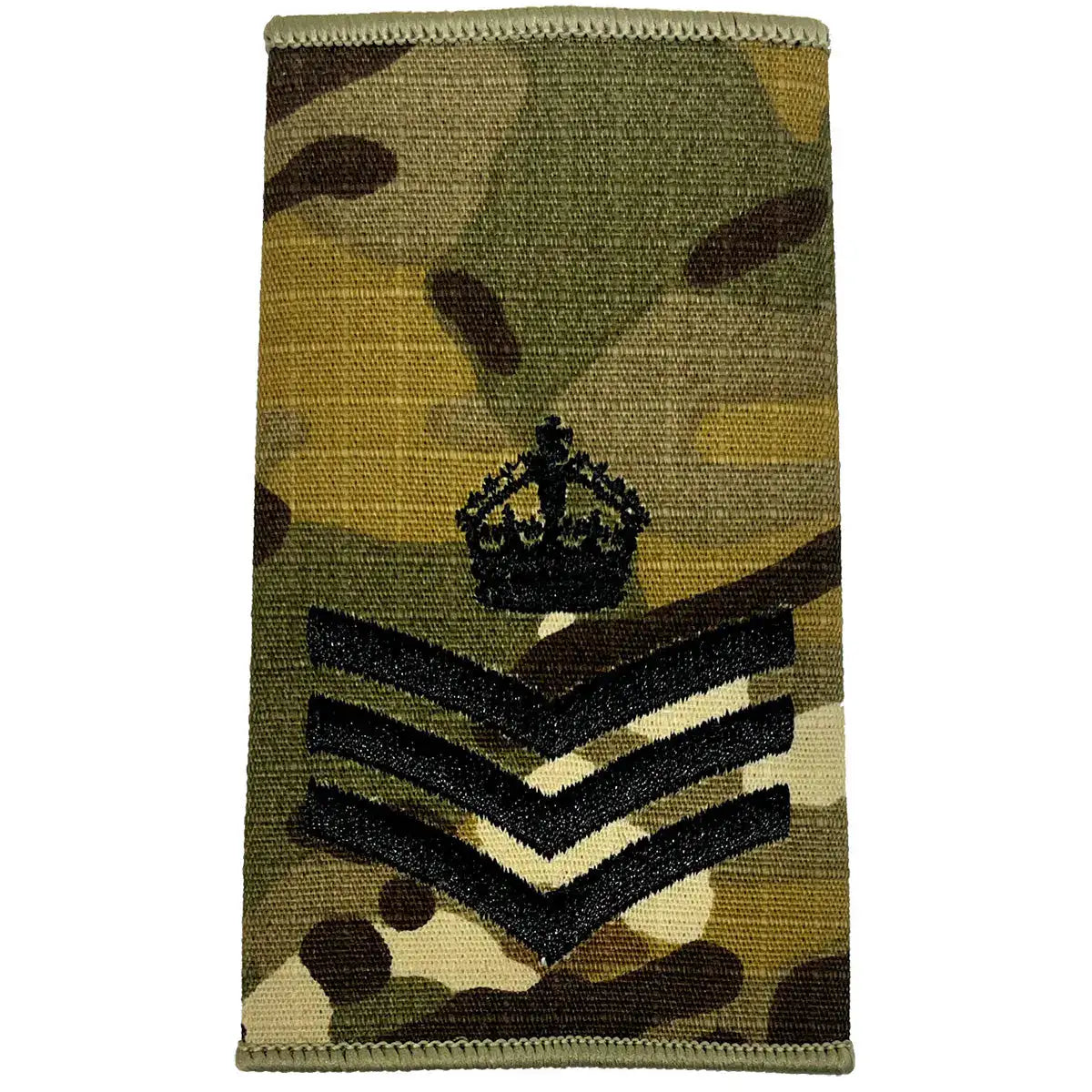 Multicam Rank Slide with three chevrons and a crown in black embroidery, denoting senior NCO rank, by John Bulls. from John Bull Clothing