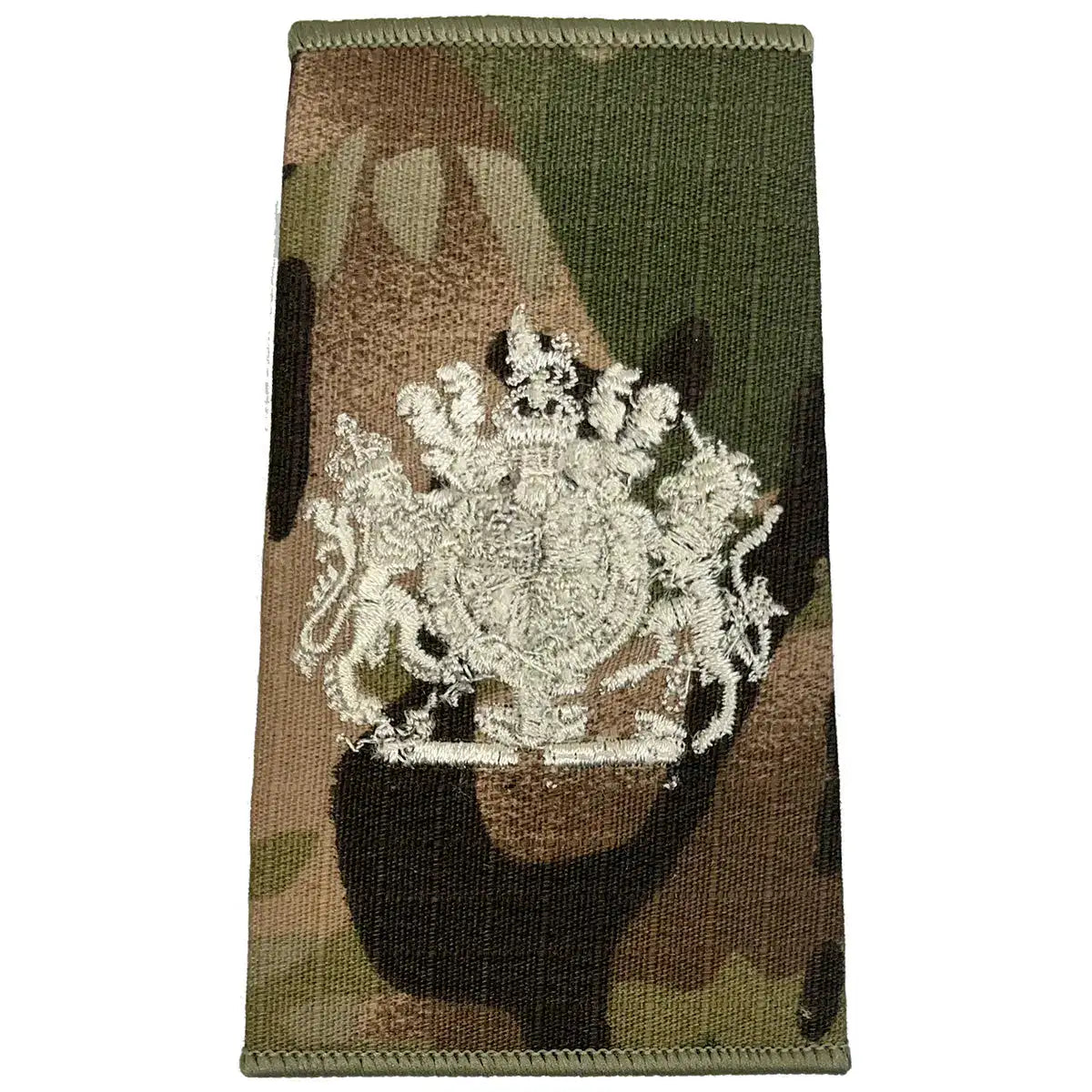 Multicam Rank Slide with royal coat of arms in ivory embroidery, representing warrant officer class 1, MOD spec by John Bulls. WO1 with Kings Crown from John Bull Clothing