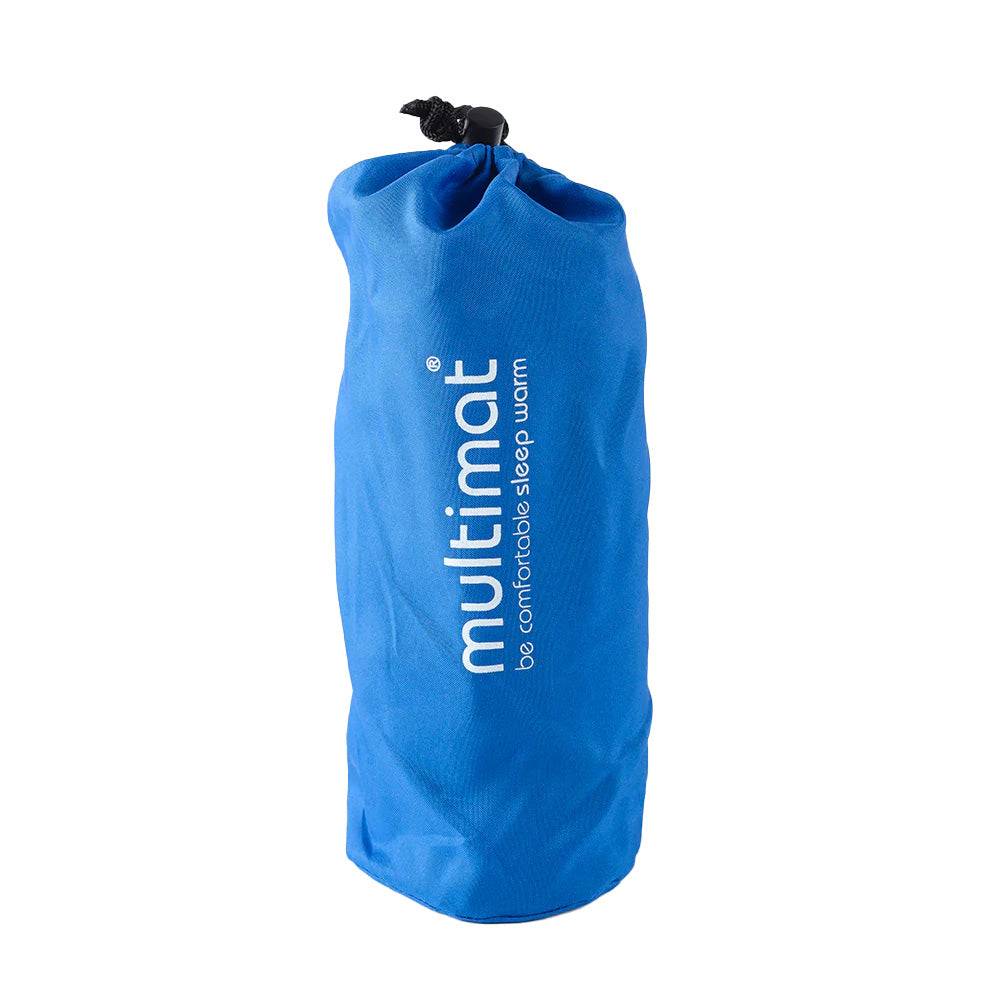 Rolled and packed Multimat Self Inflating Pillow Cushion Blue in drawstring bag, perfect for portable outdoor recreation use.