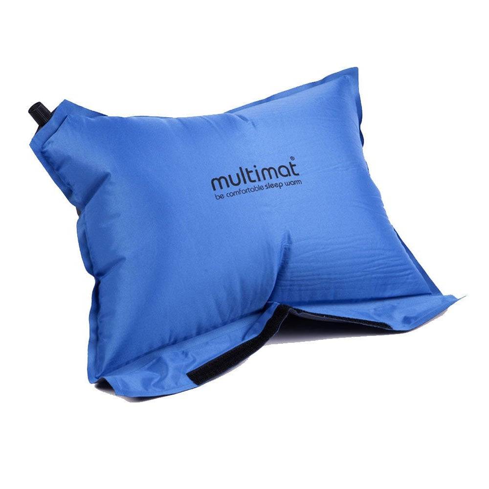 Multimat Self Inflating Pillow Cushion Blue partially inflated with valve visible, ideal for camping comfort and outdoor sleeping support.
