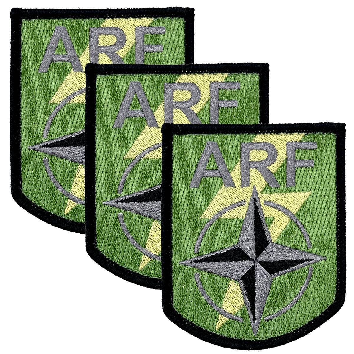 Set of three Nato Allied Reaction Forces ARF Hook & Loop TRF Badges with subdued green, black, and yellow embroidery and Velcro backing.