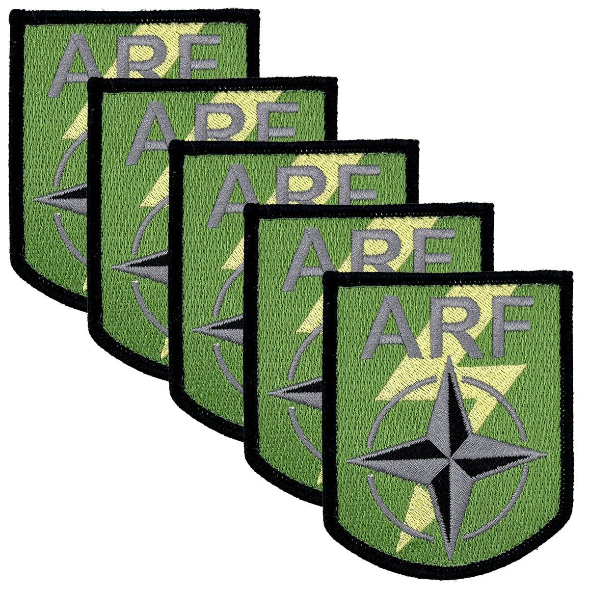 Pack of five Nato Allied Reaction Forces ARF Hook & Loop TRF Badges with military-style subdued colors and Velcro attachment.