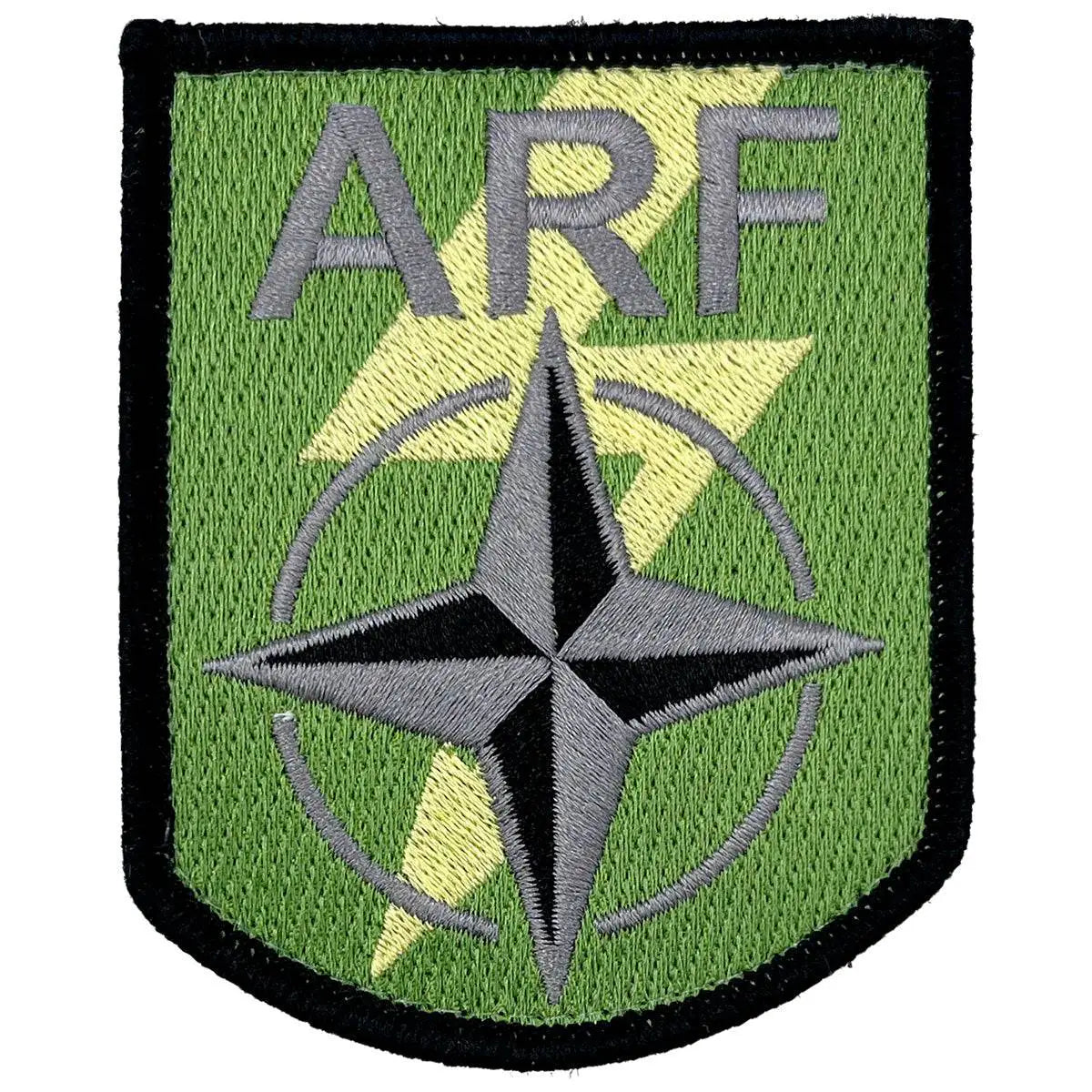 Single Nato Allied Reaction Forces ARF Hook & Loop TRF Badge featuring embroidered compass rose and lightning bolt on green background. Single Flash from John Bull Clothing