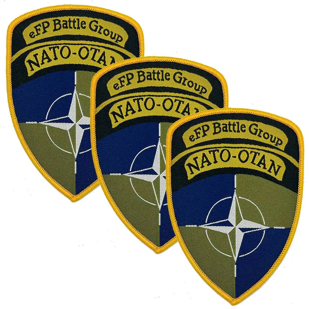 Set of three Nato eFP Battle Group Iron On TRF Flash patches with embroidered NATO-OTAN emblem and yellow border, ideal for military uniforms. 3 Pack from John Bull Clothing