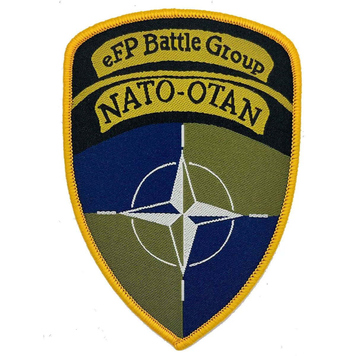 Single Nato eFP Battle Group Iron On TRF Flash patch with embroidered NATO-OTAN emblem, durable fabric, and yellow border for military uniforms.