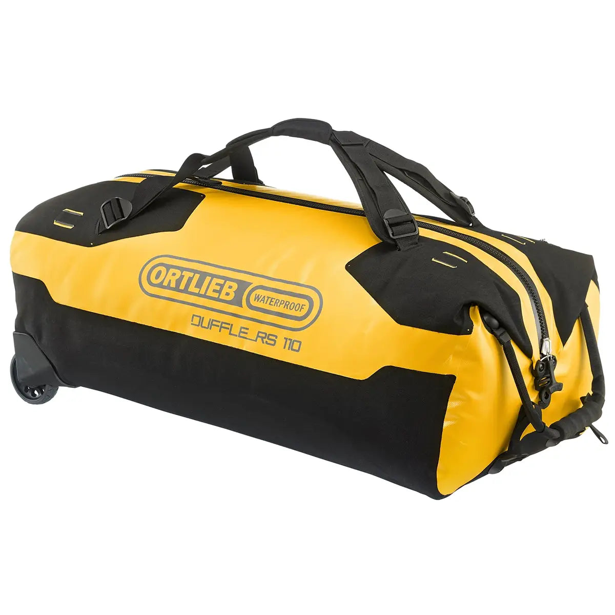 Ortlieb Duffle RS Travel Bag with Wheels in black and sun yellow, 140L waterproof duffel ideal for rugged travel and adventure gear transport.