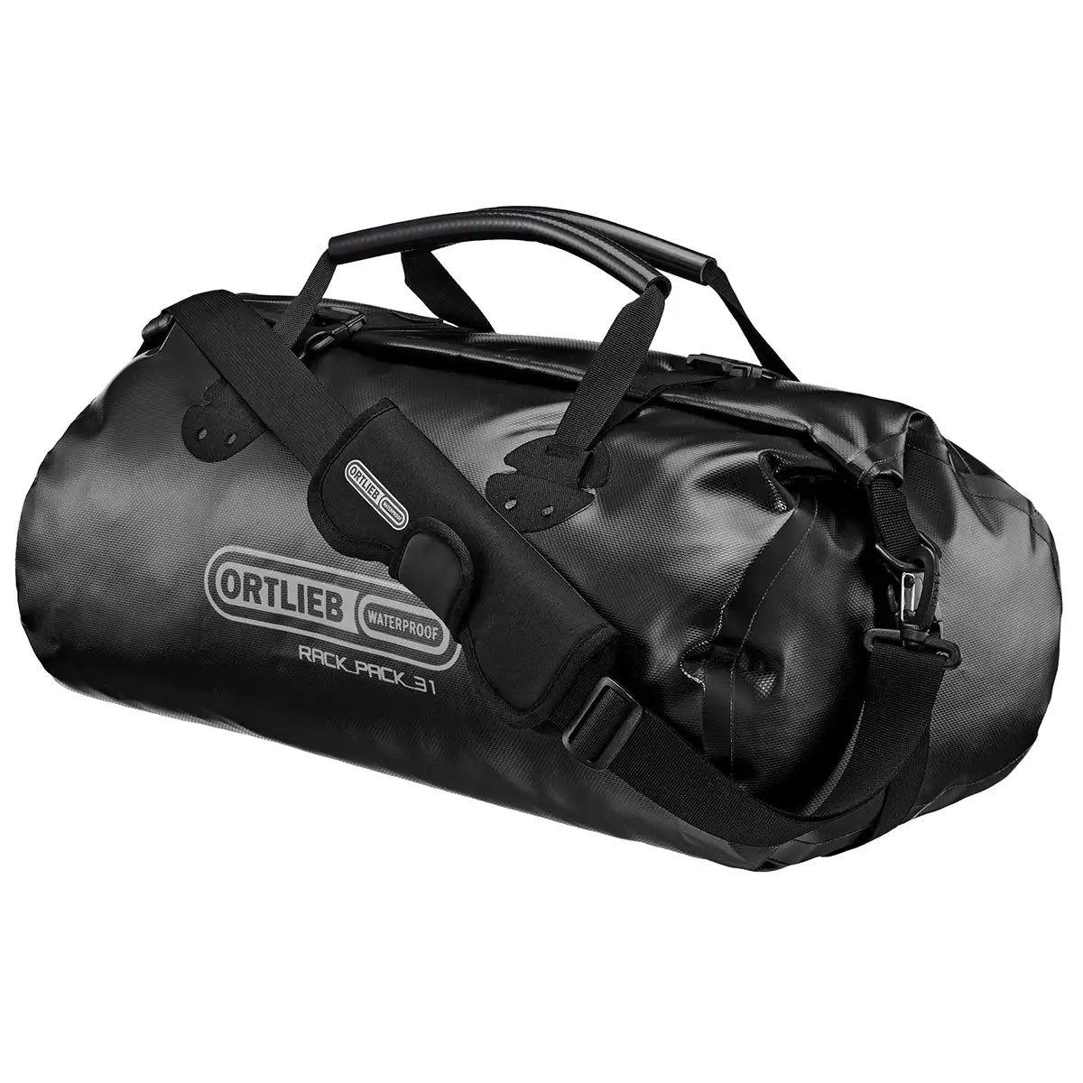 Black Ortlieb Rack Pack 31L Waterproof Duffle Bag with roll-top closure and ergonomic handles, perfect for rugged travel and gear protection.