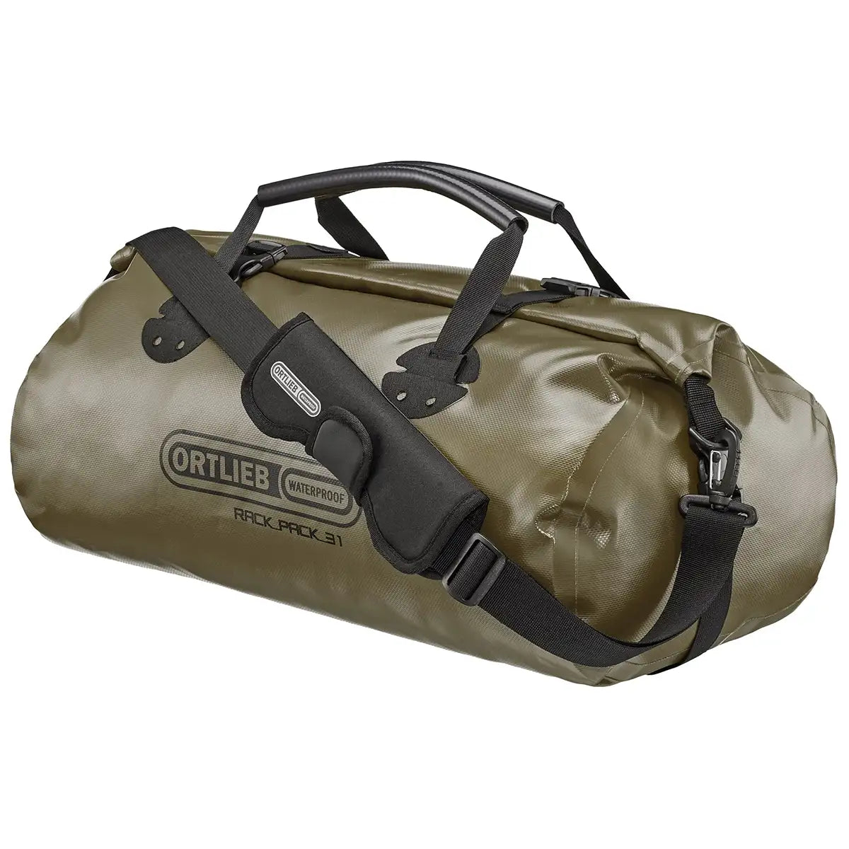 Olive green Ortlieb Rack Pack 31L Waterproof Duffle Bag featuring adjustable shoulder strap and durable waterproof PD620 material.