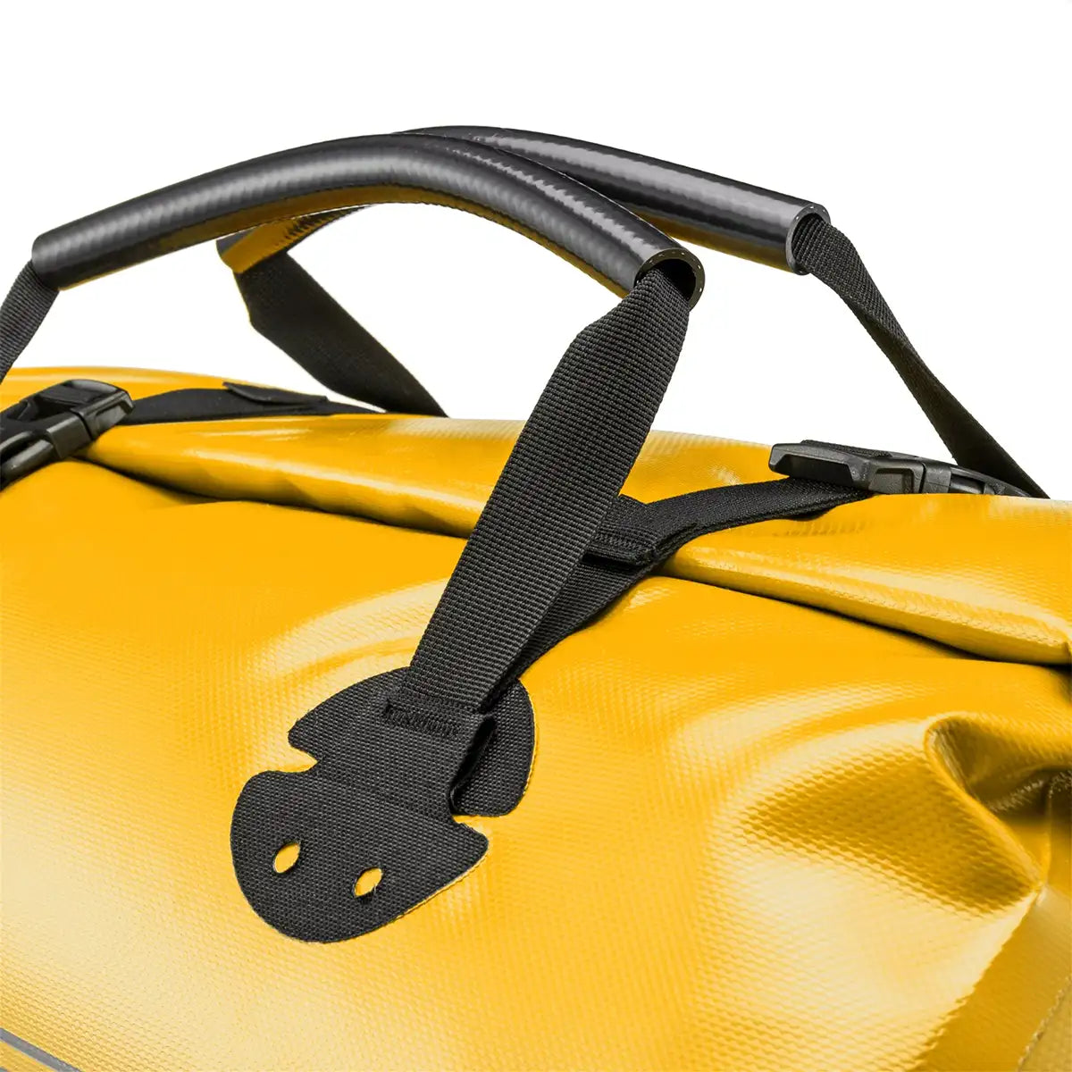 Close-up of yellow Ortlieb Rack Pack 31L Waterproof Duffle Bag handle showing padded grip and reinforced stitching for durability.
