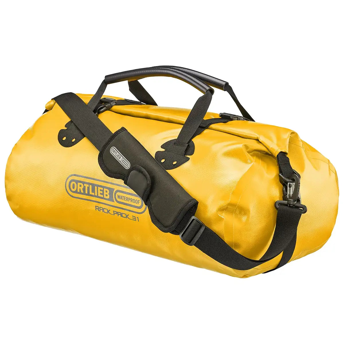 Yellow Ortlieb Rack Pack 31L Waterproof Duffle Bag with reinforced straps and waterproof design, ideal for camping and adventure trips.