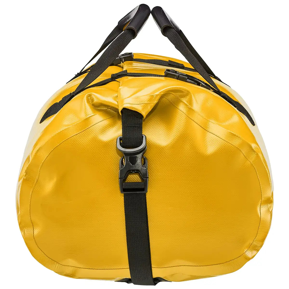 Side view of yellow Ortlieb Rack Pack 31L Waterproof Duffle Bag showing secure buckle closure and roll-top sealing system.
