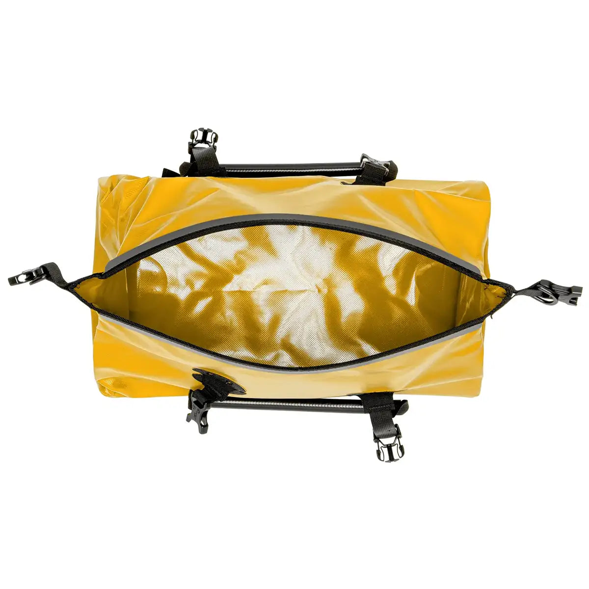Interior view of yellow Ortlieb Rack Pack 31L Waterproof Duffle Bag displaying spacious waterproof compartment for dry gear storage.