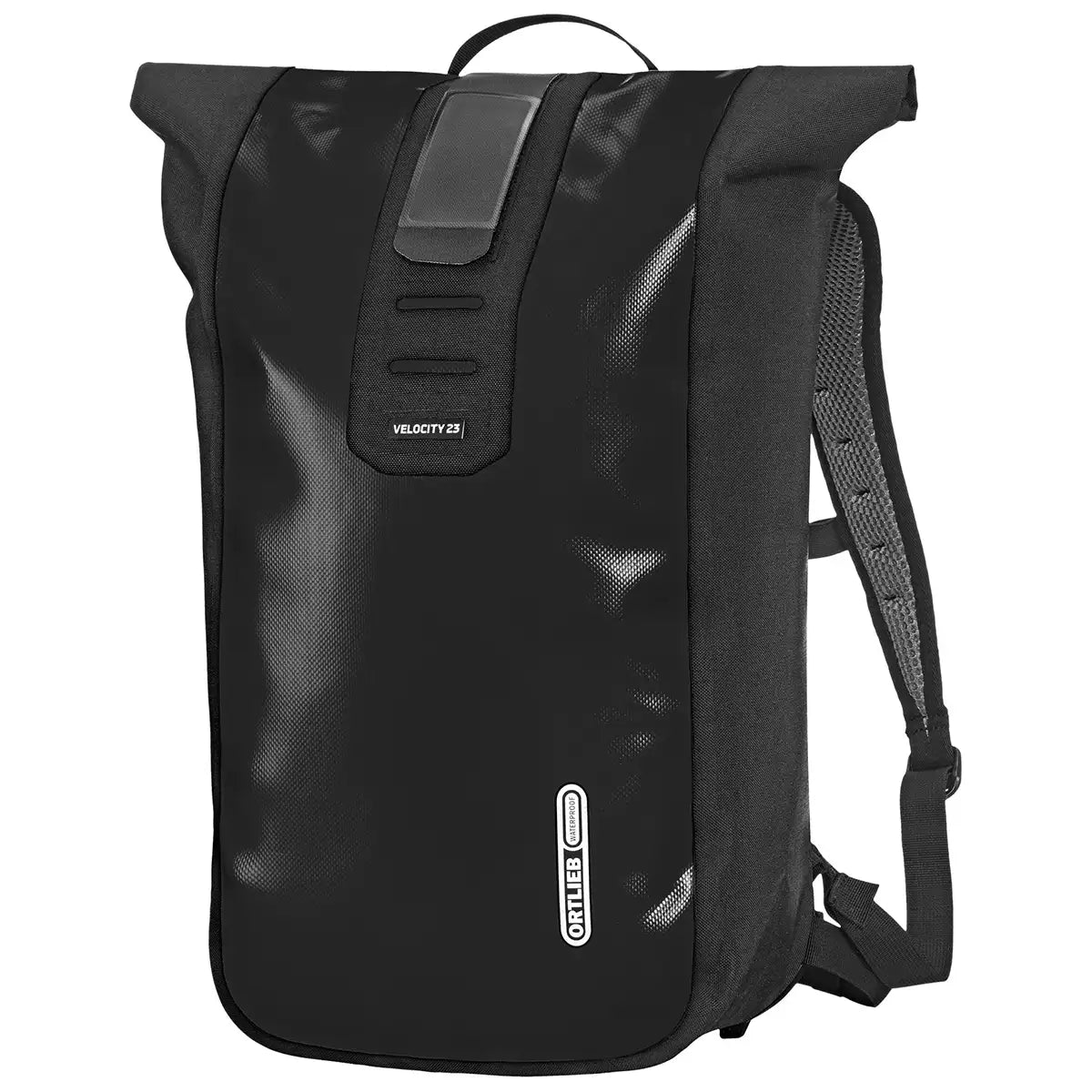 Ortlieb Velocity 23L Dry Backpack in all-black colorway, ideal for unisex adult users seeking a sleek, waterproof hiking backpack.