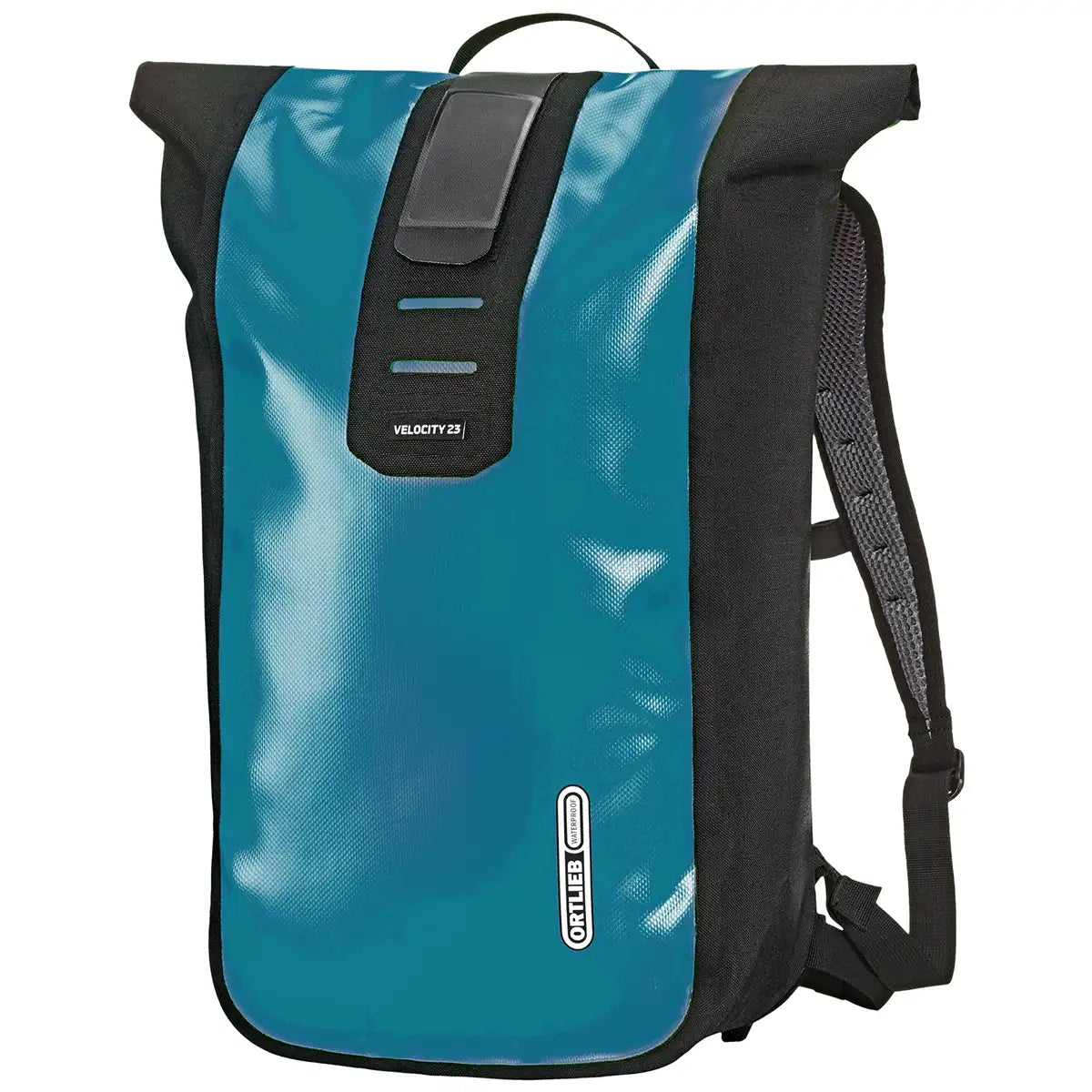 Ortlieb Velocity 23L Dry Backpack in teal with black trim, featuring a waterproof roll-top design for hiking and urban commuting use.