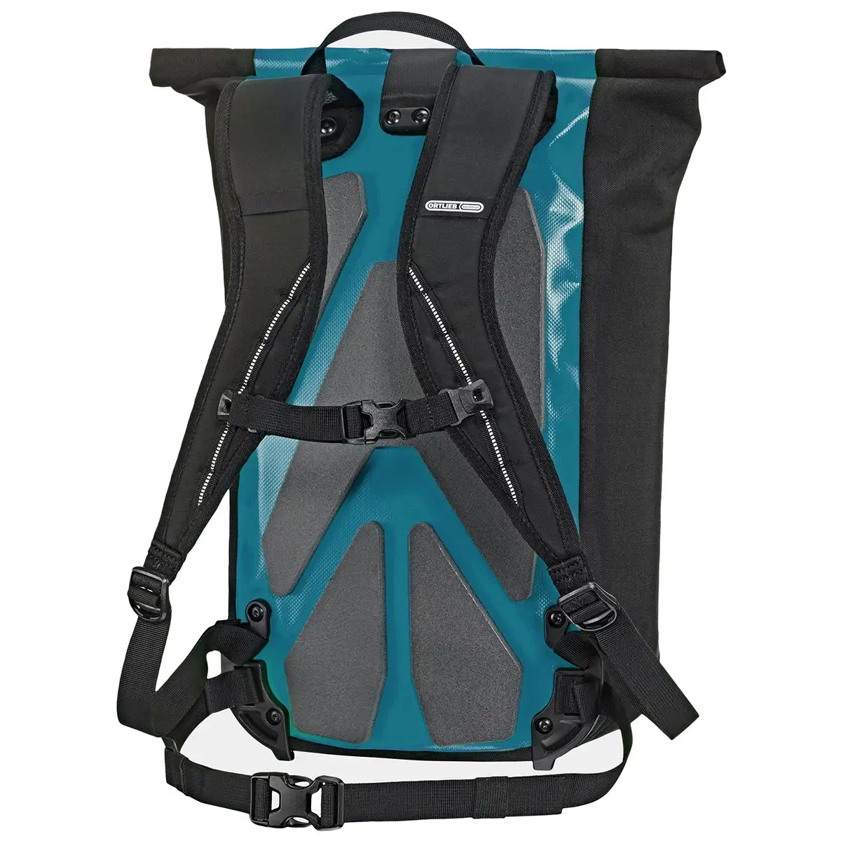 Back view of Ortlieb Velocity 23L Dry Backpack in teal showing padded straps, ergonomic back panel, and adjustable chest strap for comfort.