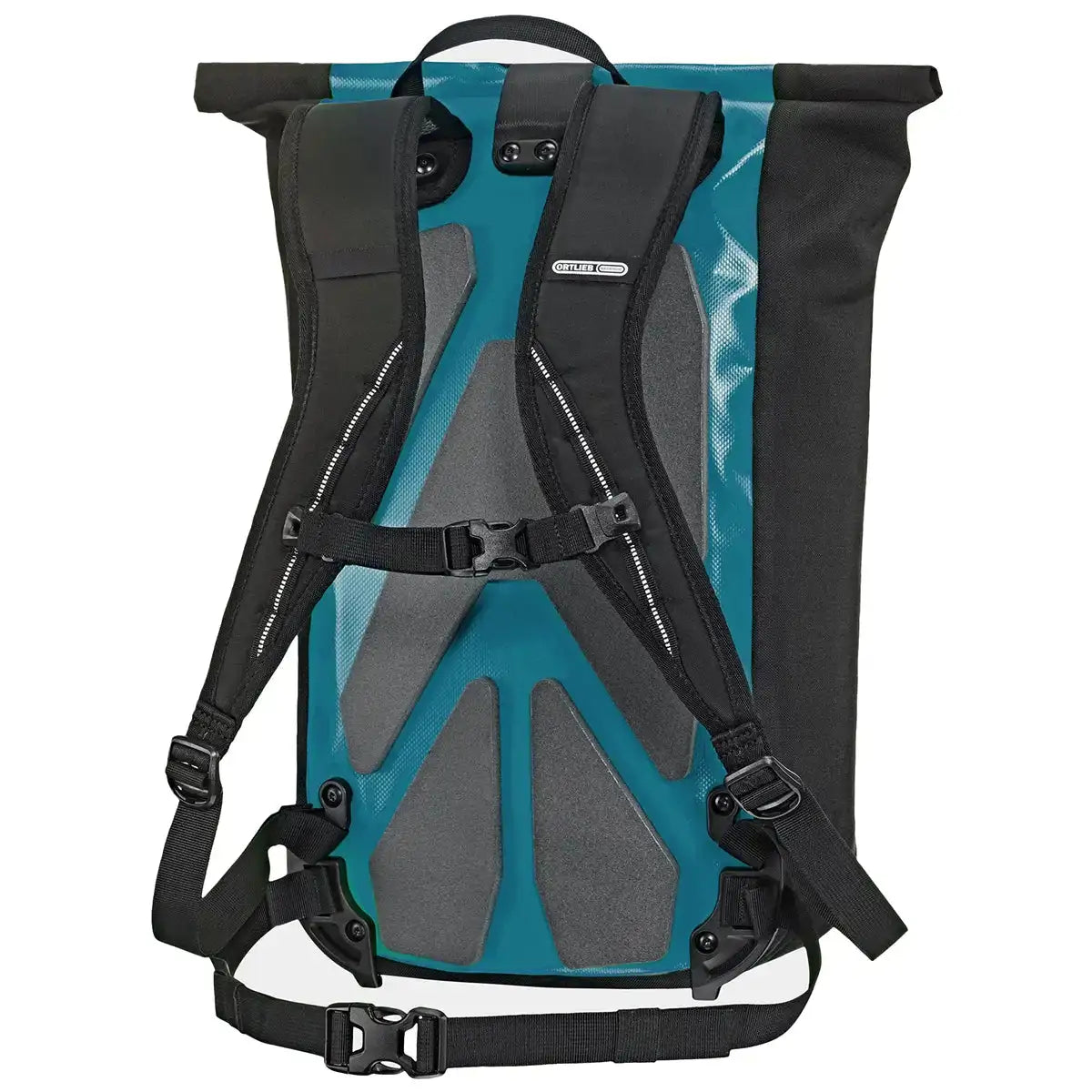 Back view of Ortlieb Velocity 23L Dry Backpack in teal showing padded straps, ergonomic back panel, and adjustable chest strap for comfort. from John Bull Clothing