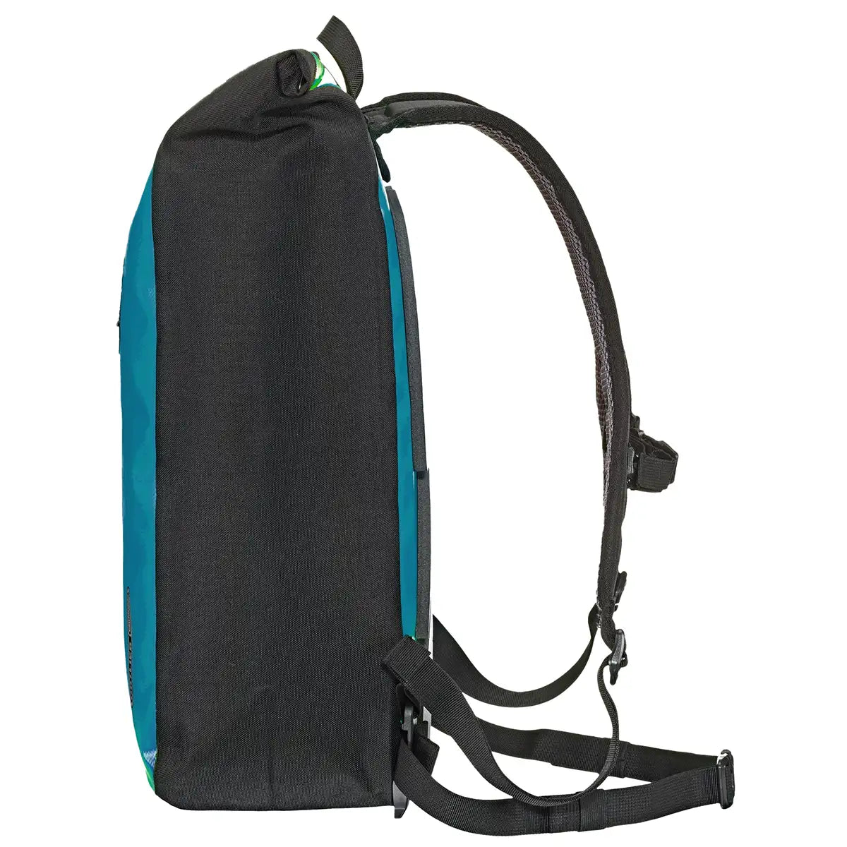 Side profile of Ortlieb Velocity 23L Dry Backpack in teal, highlighting its slim, structured silhouette and durable black side panels.