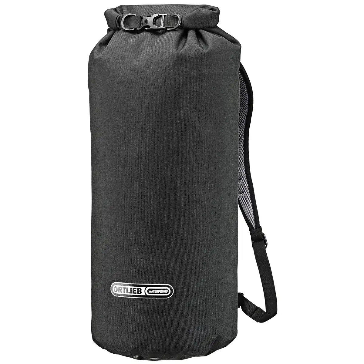Ortlieb X-Tremer 35L Carry Bag Black with roll-top closure and front logo, ideal for hiking and outdoor adventures. Durable PD620 material construction.